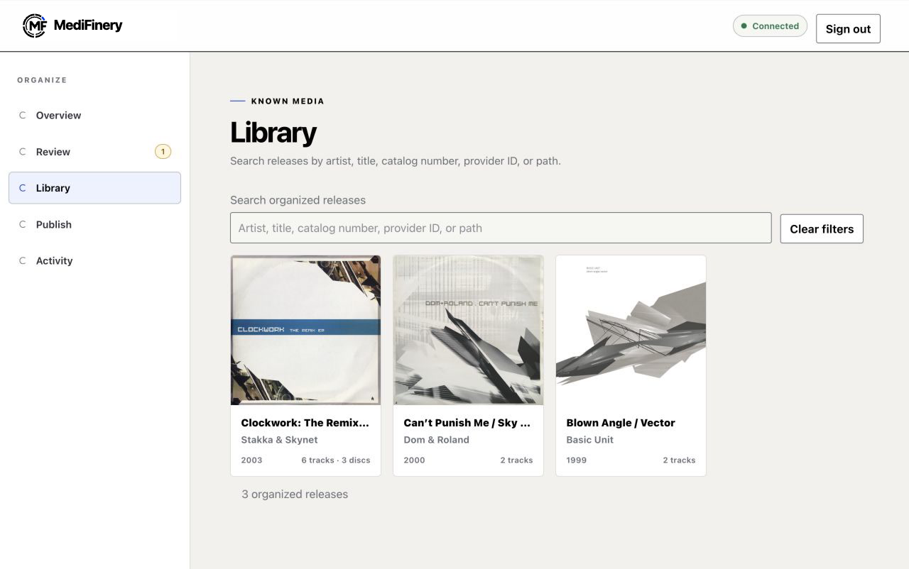 MediFinery Library showing organized releases