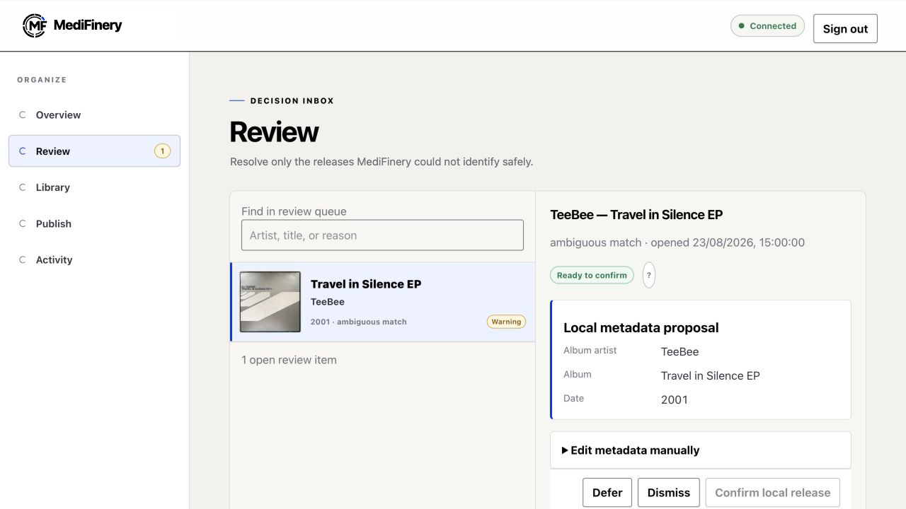 MediFinery Review decision inbox for an ambiguous release